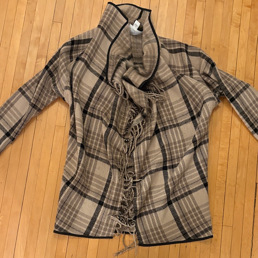 Tart Collections Taupe Beige Plaid Wool Blend Fringed Cardigan